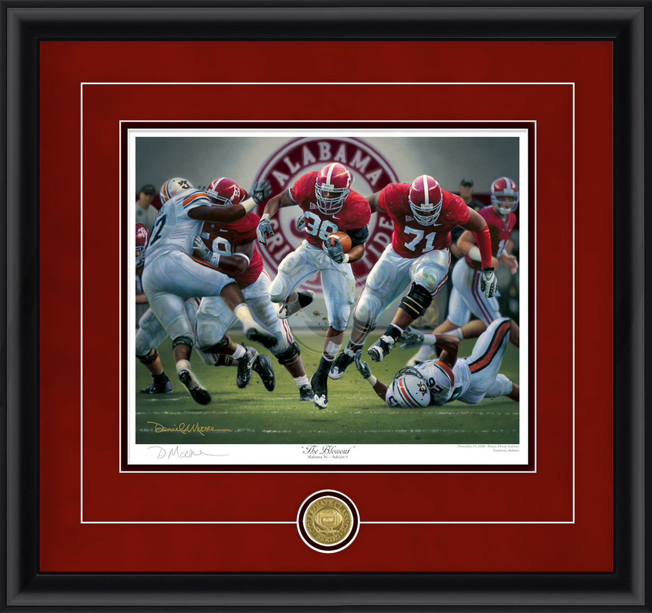 "The Blowout - Collegiate Classic print.  Black frame • Crimson Suede/Black matting with optional v-groove.