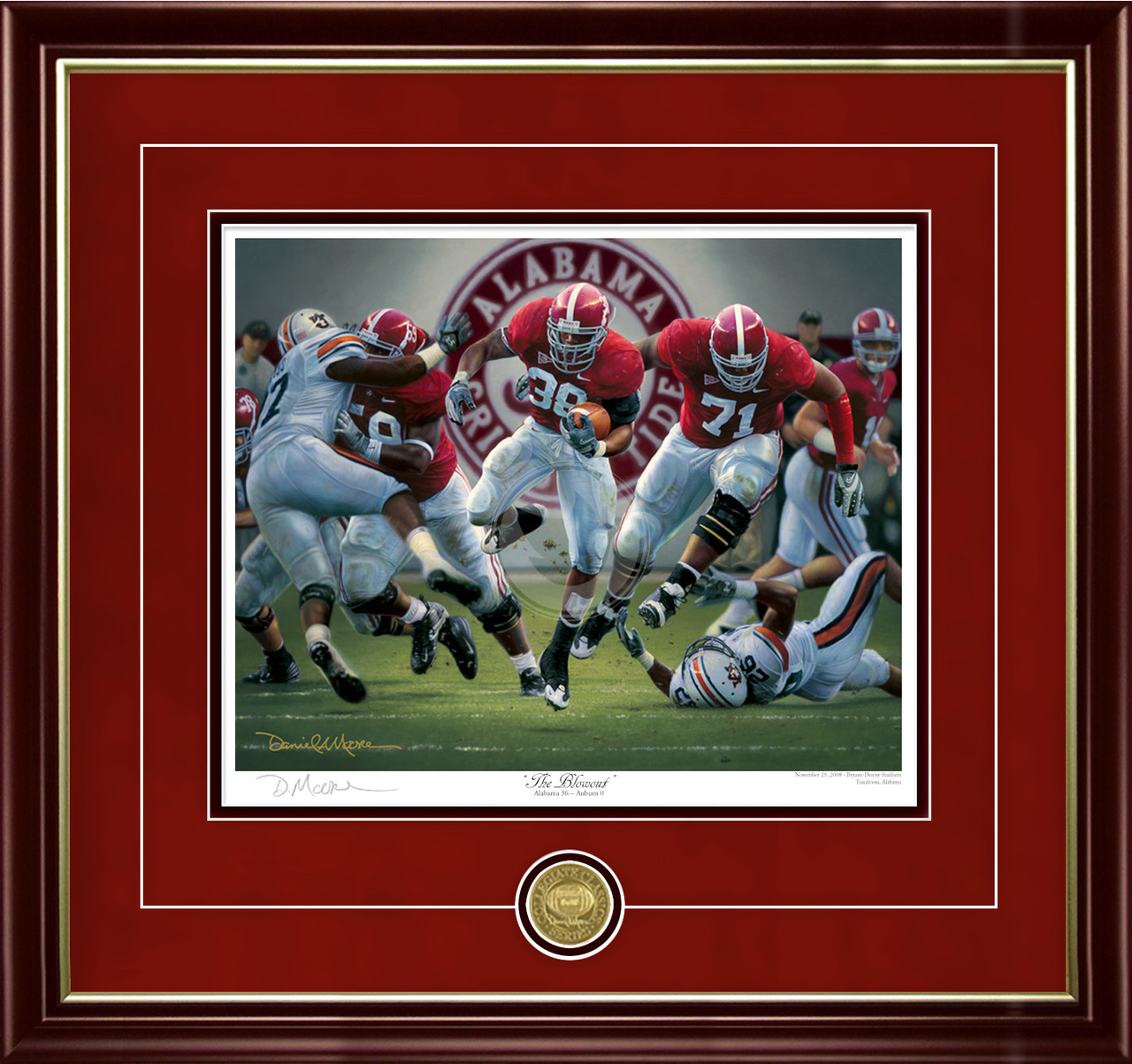 "The Blowout - Collegiate Classic print.  Mahogany/Gold Lip frame • Crimson Suede/Black matting with optional v-groove.