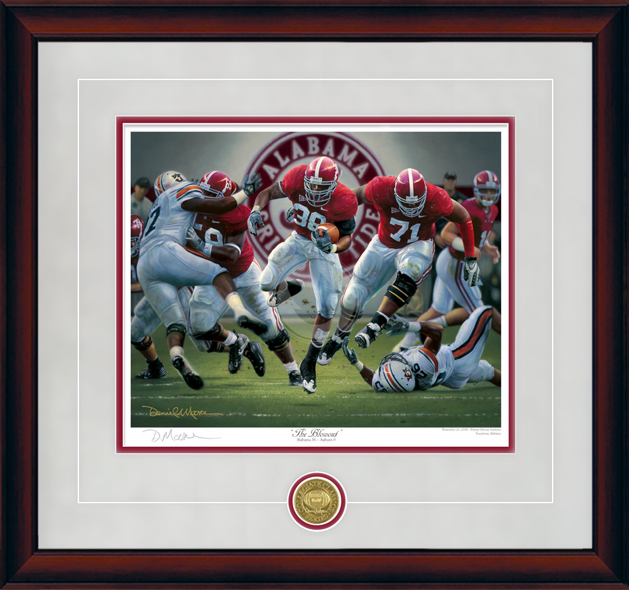 "The Blowout - Collegiate Classic print.  Mahogany frame • Storm Suede/Crimson matting with optional v-groove.