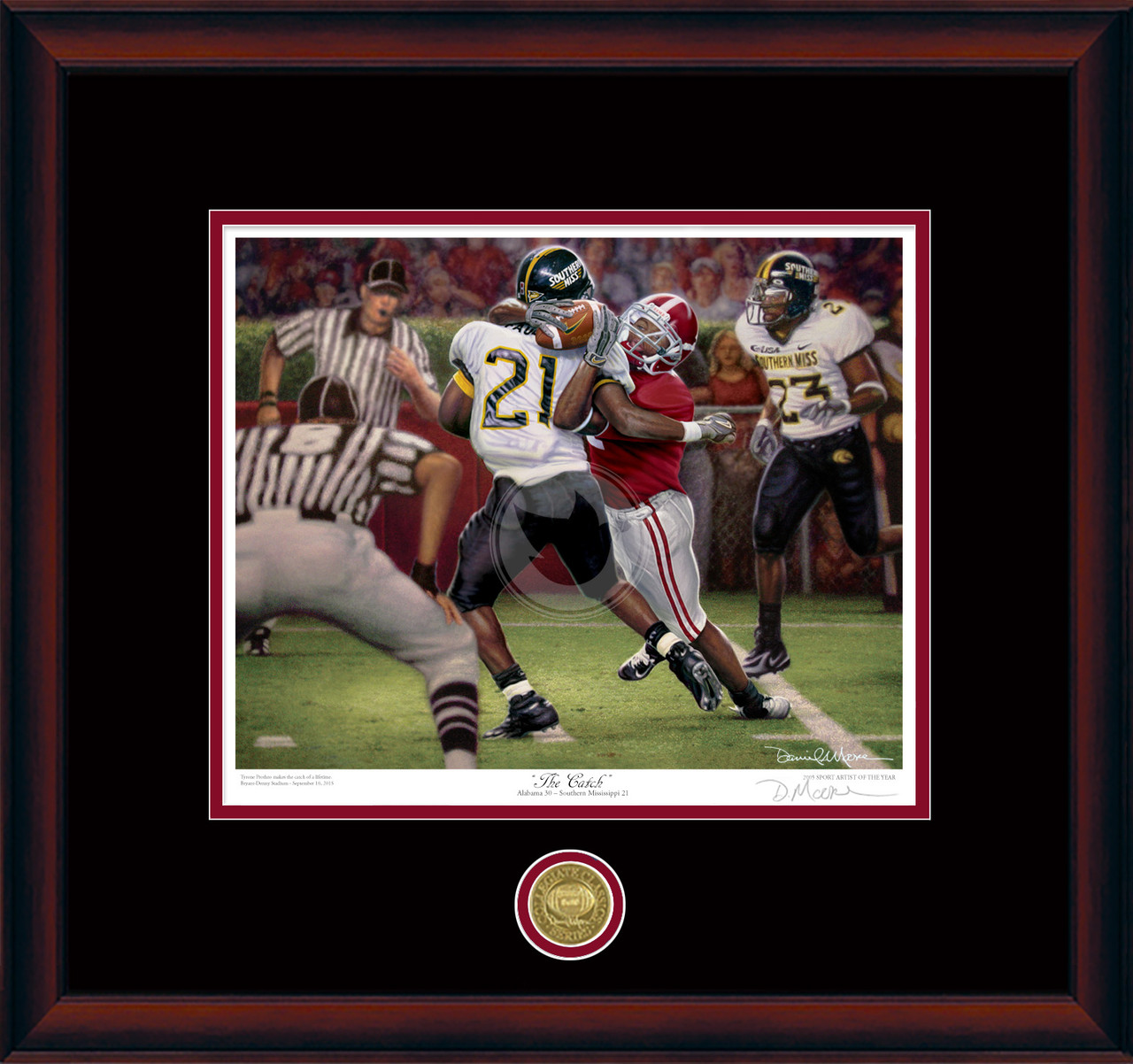 "The Catch" - Collegiate Classic print.  Mahogany frame • Black/Crimson matting.
