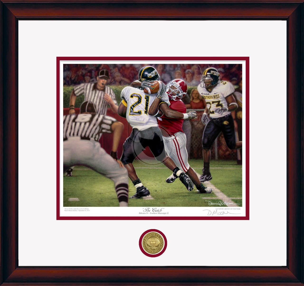 "The Catch" - Collegiate Classic print.  Mahogany frame • White/Crimson matting.
