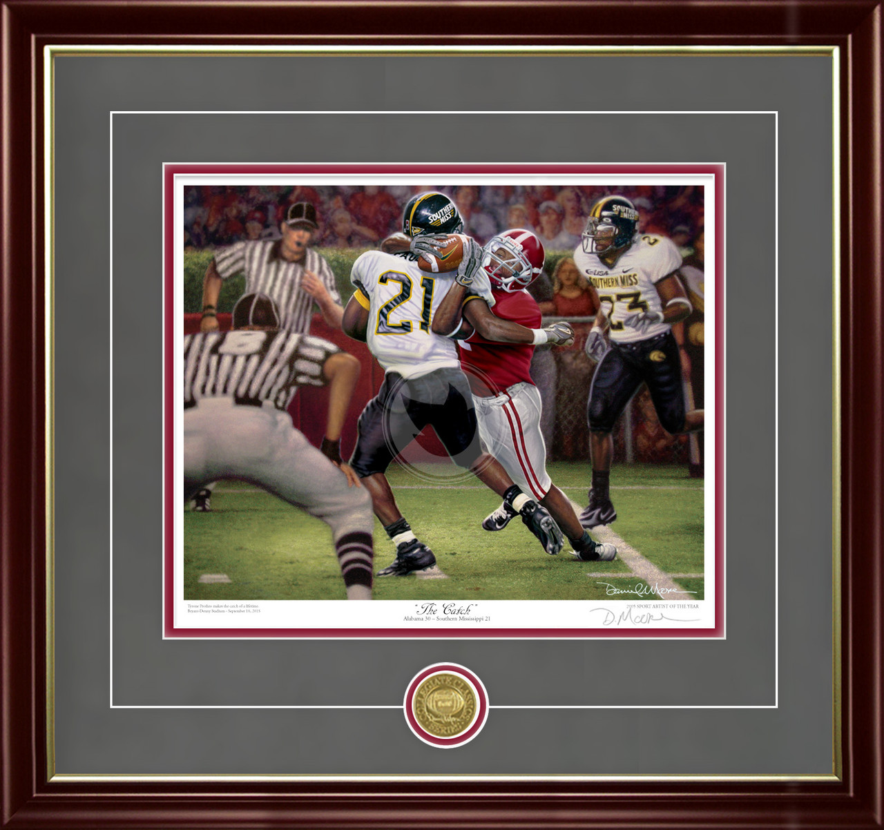 "The Catch" - Collegiate Classic print.  Mahogany/Gold Lip frame • Charcoal Suede/Crimson matting with optional v-groove.