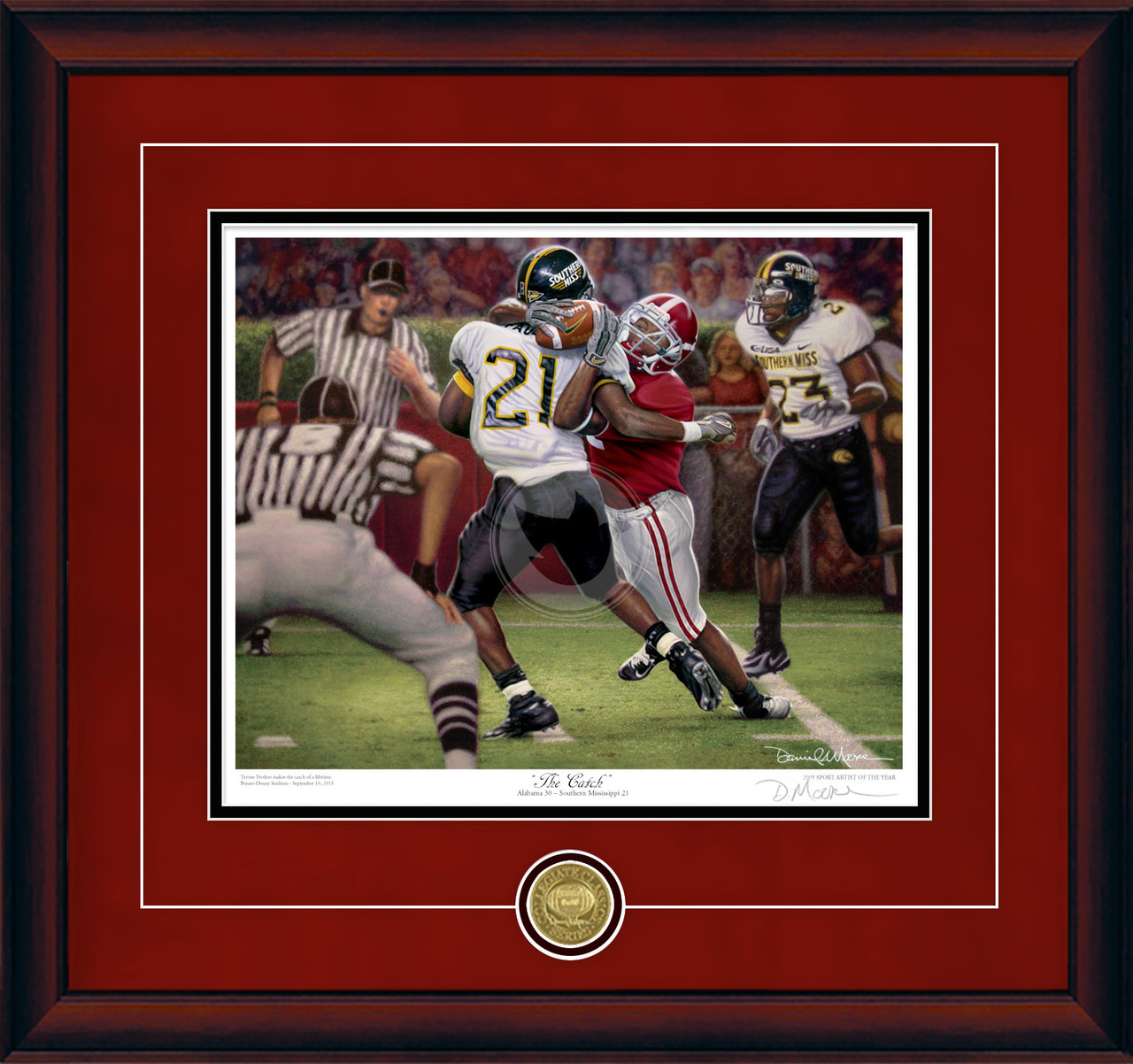 "The Catch" - Collegiate Classic print.  Mahogany frame • Crimson Suede/Black matting with optional v-groove.