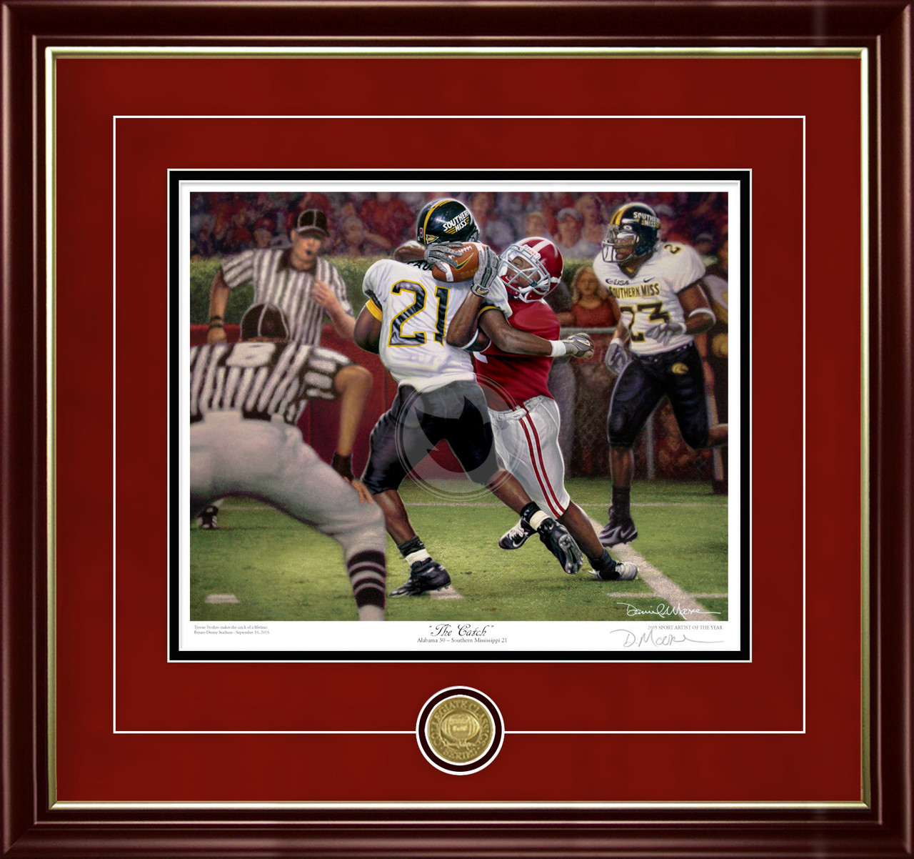 "The Catch" - Collegiate Classic print.  Mahogany/Gold Lip frame • Crimson Suede/Black matting with optional v-groove.