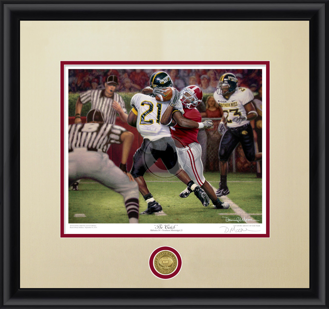 "The Catch" - Collegiate Classic print.  Black frame • Oyster/Crimson matting.
