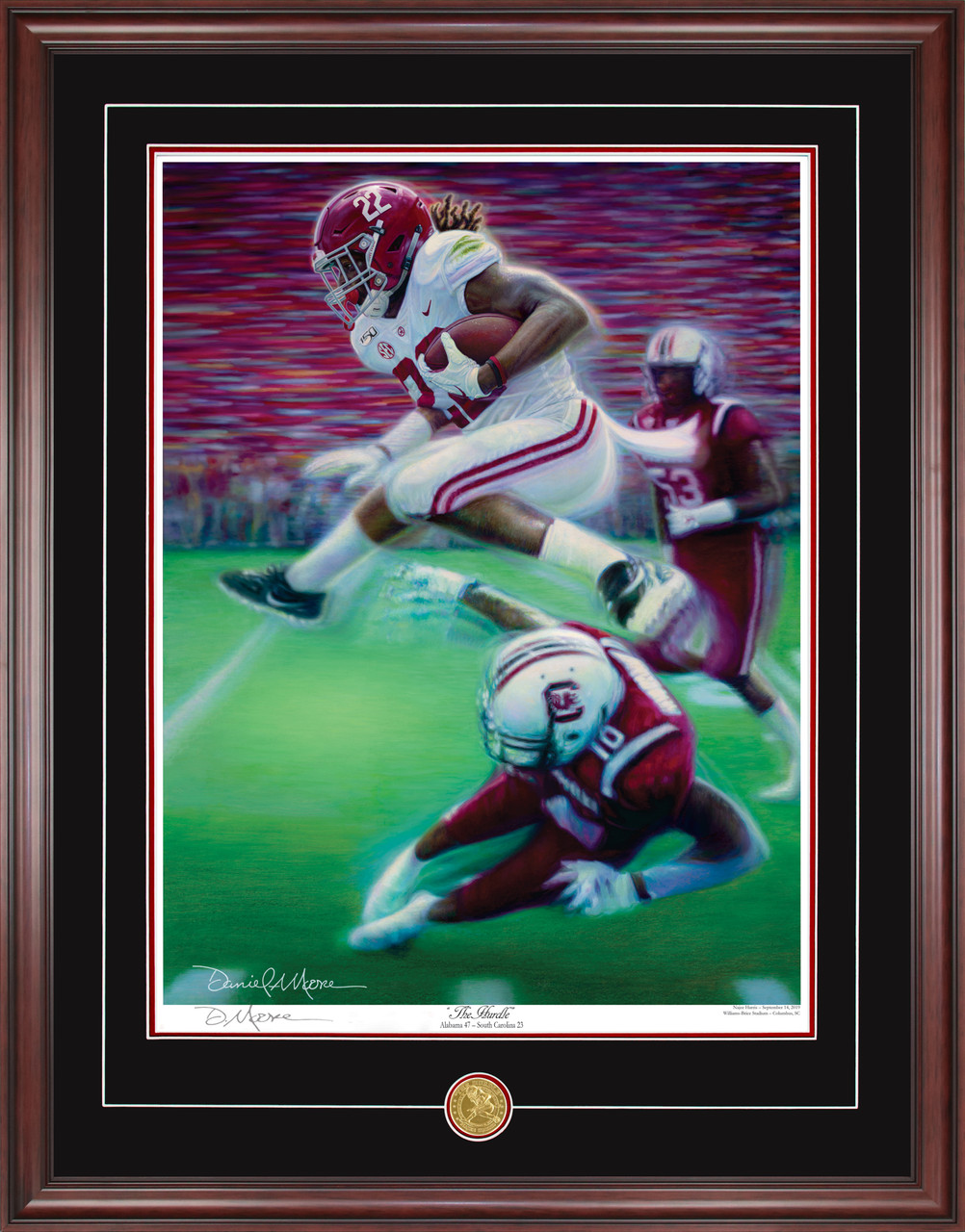 Shown in our Mahogany frame and Black over Crimson matting with the optional v-groove.