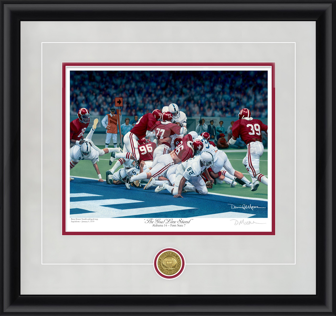 "The Goal Line Stand" - Collegiate Classic print.  Black frame • Storm Suede/Crimson matting with optional v-groove.