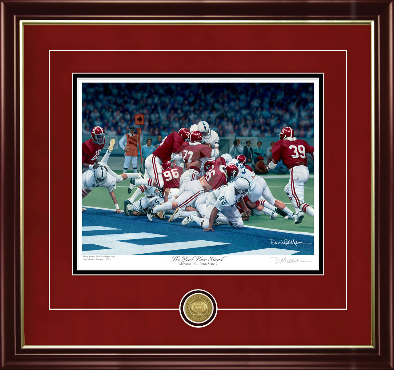 "The Goal Line Stand" - Collegiate Classic print.  Mahogany/Gold Lip frame • Crimson Suede/Black matting with optional v-groove.