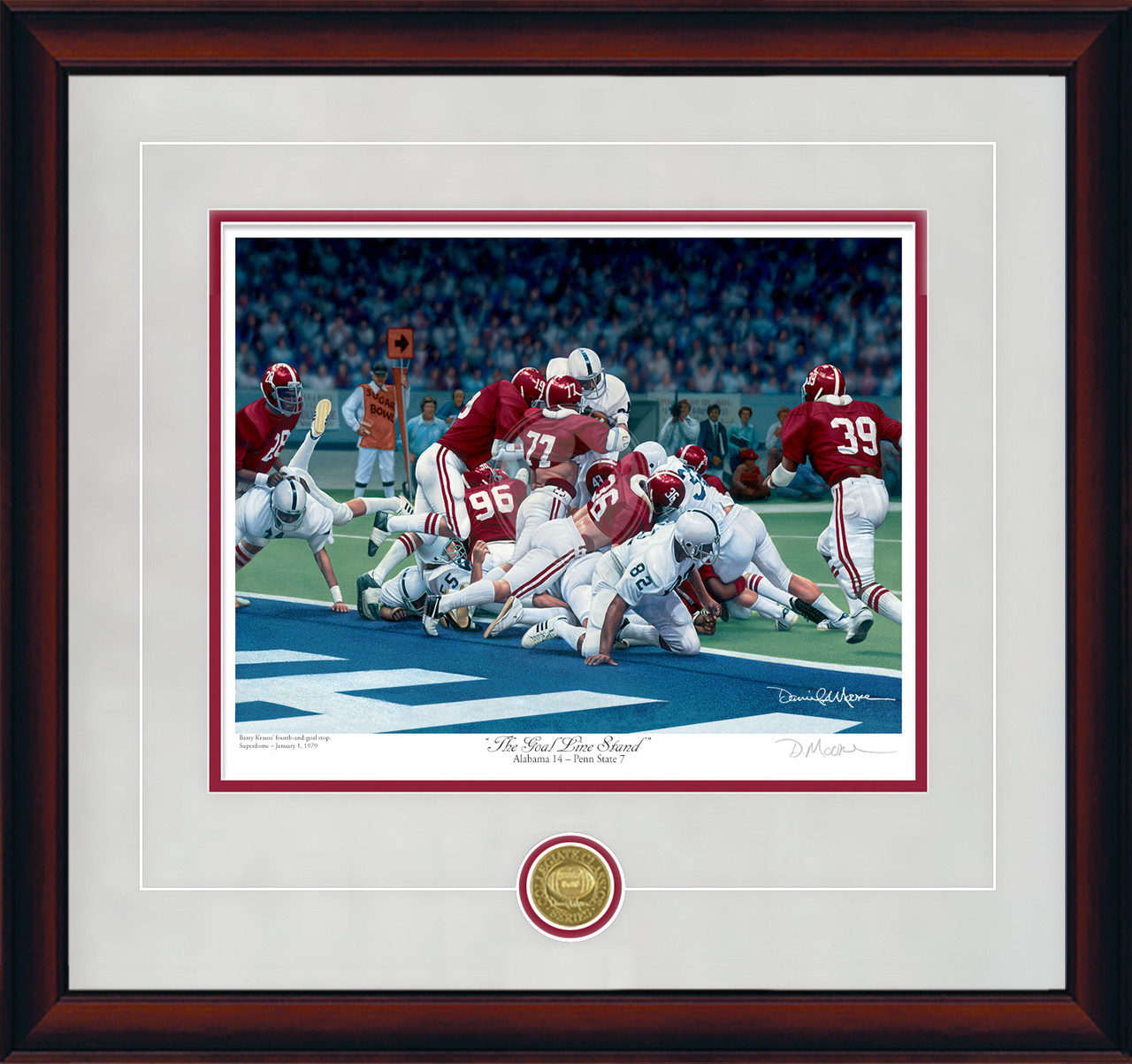 "The Goal Line Stand" - Collegiate Classic print.  Mahogany frame • Storm Suede/Crimson matting with optional v-groove.