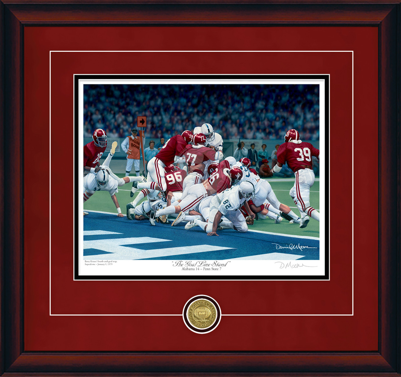 "The Goal Line Stand" - Collegiate Classic print.  Mahogany frame • Crimson Suede/Black matting with optional v-groove.