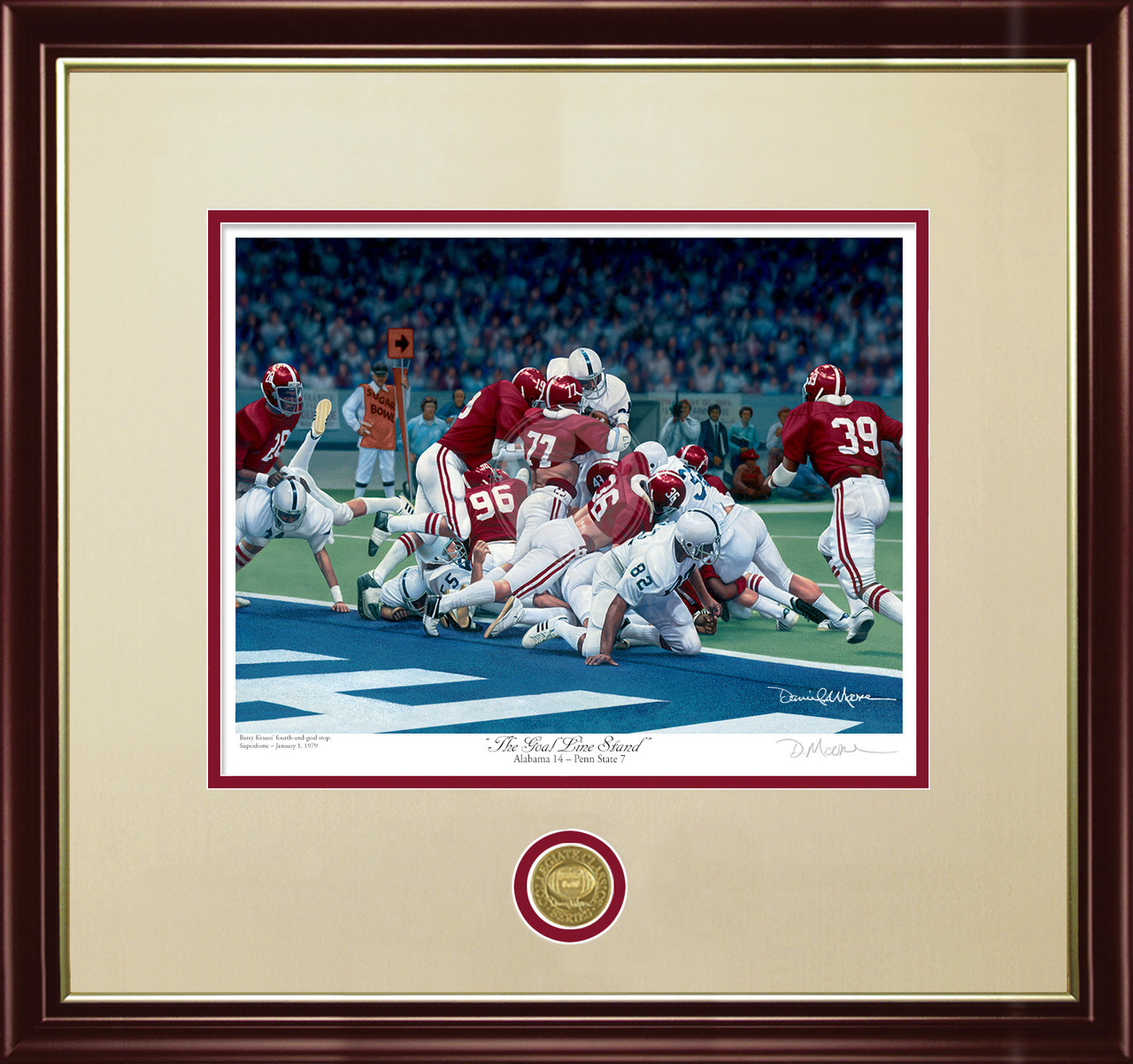 "The Goal Line Stand" - Collegiate Classic print.  Mahogany/Gold Lip frame • Oyster/Crimson matting.