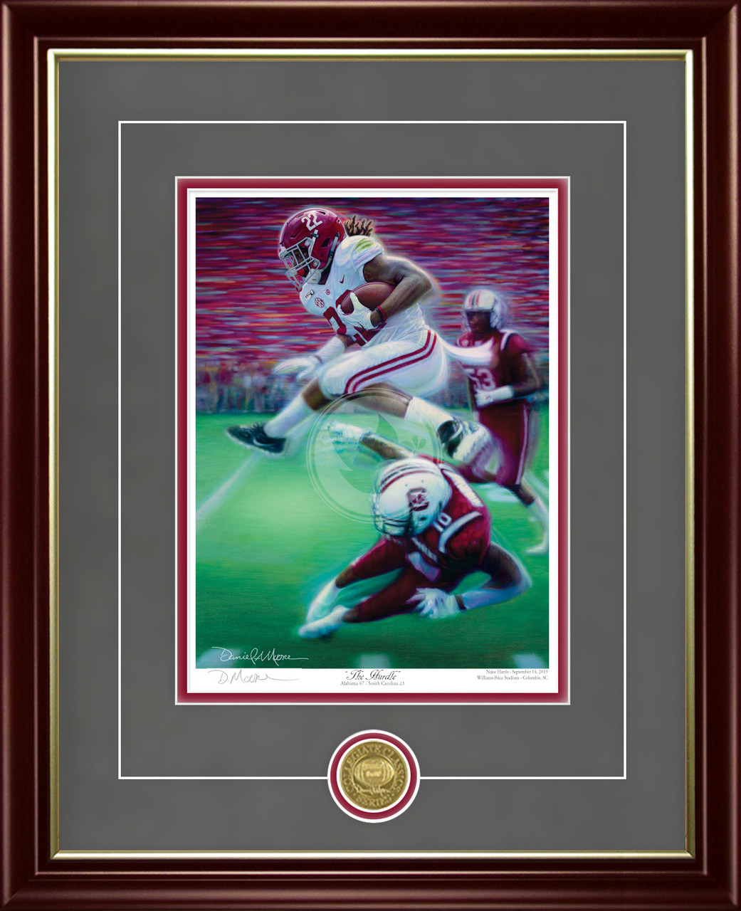 "The Hurdle" - Collegiate Classic print.  Mahogany/Gold Lip frame • Charcoal Suede/Crimson matting with optional v-groove.