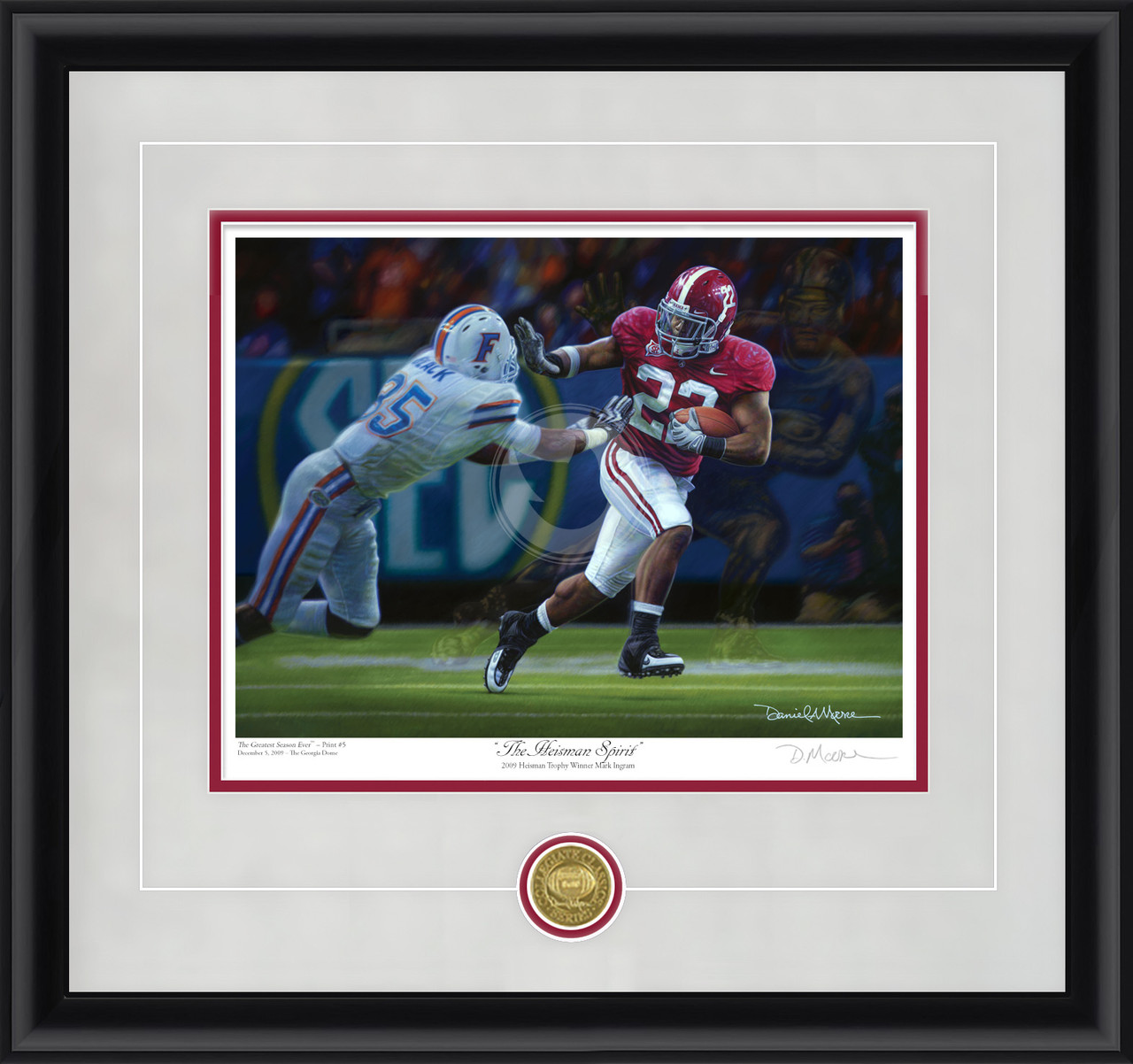 "The Heisman Spirit" - Collegiate Classic print.  Black frame • Storm Suede/Crimson matting with optional v-groove.