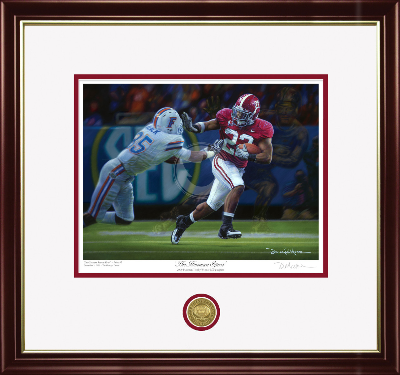"The Heisman Spirit" - Collegiate Classic print.  Mahogany/Gold Lip frame • White/Crimson matting.