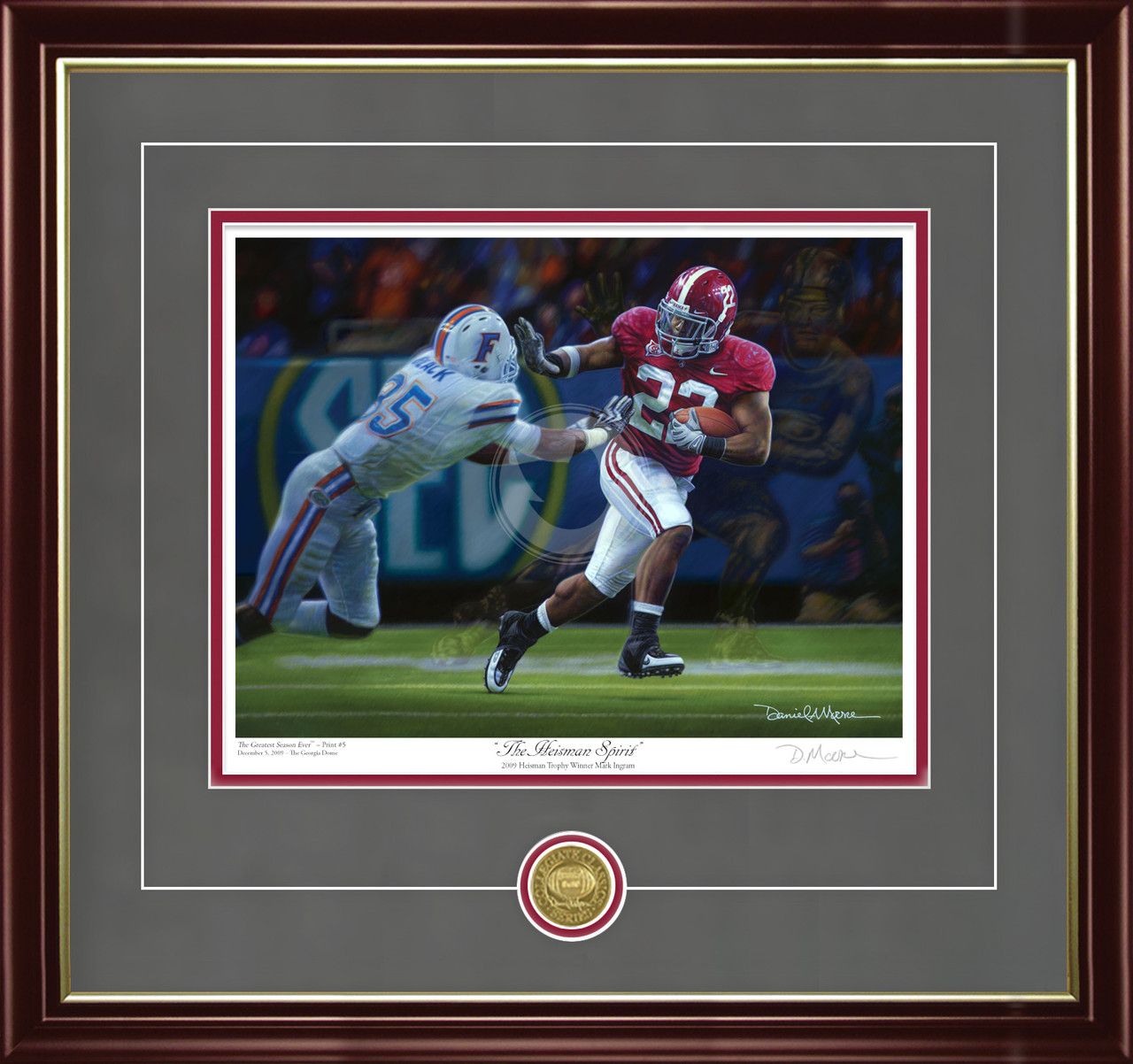 "The Heisman Spirit" - Collegiate Classic print.  Mahogany/Gold Lip frame • Charcoal Suede/Crimson matting with optional v-groove.