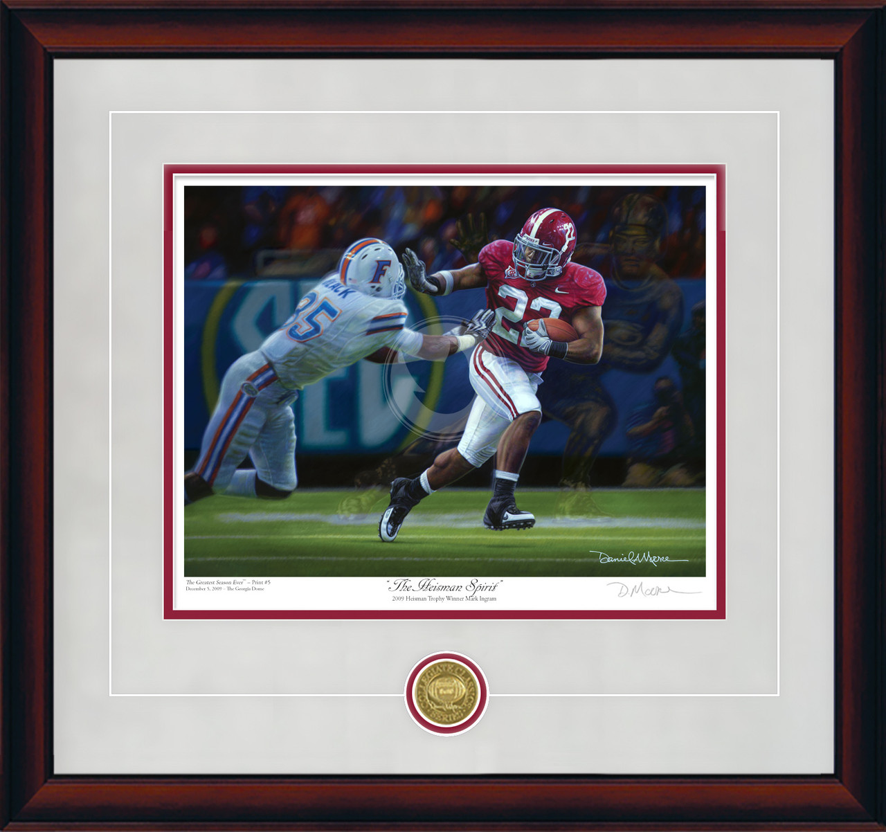 "The Heisman Spirit" - Collegiate Classic print.  Mahogany frame • Storm Suede/Crimson matting with optional v-groove.
