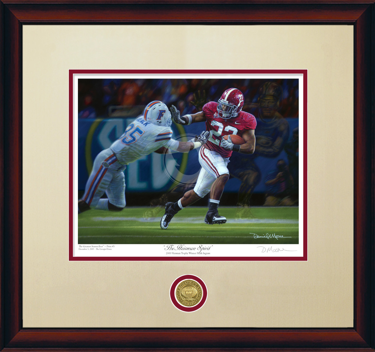 "The Heisman Spirit" - Collegiate Classic print.  Mahogany frame • Oyster/Crimson matting.