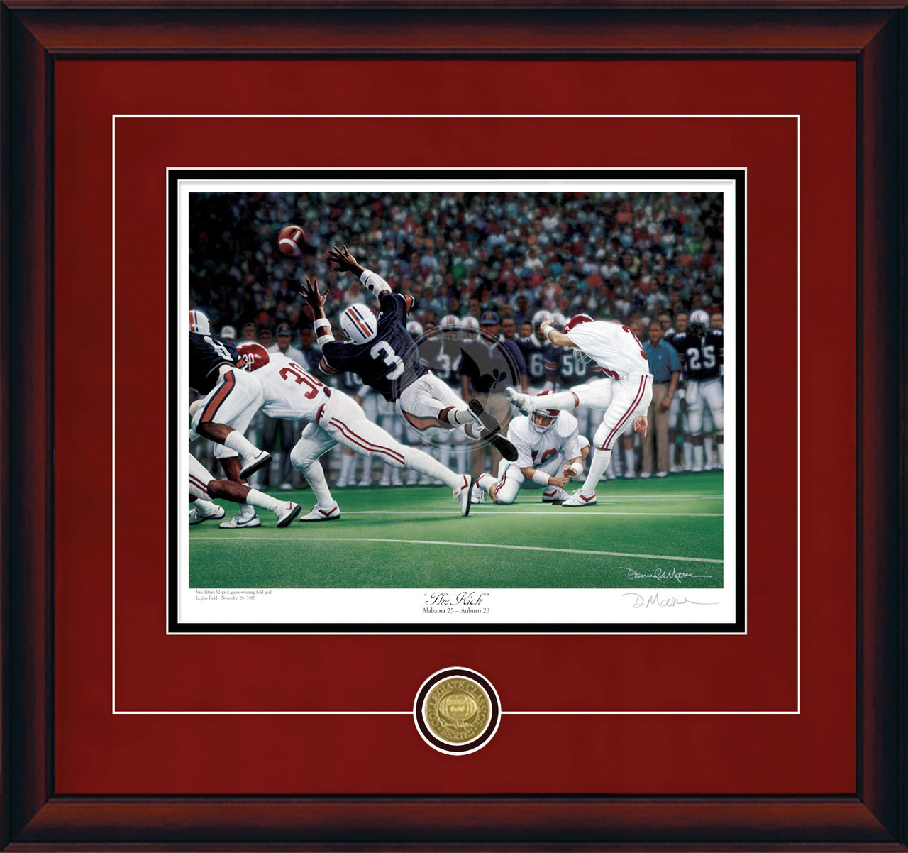 "The Kick"  Collegiate Classic print.  Mahogany frame • Crimson Suede/Black matting with optional v-groove.