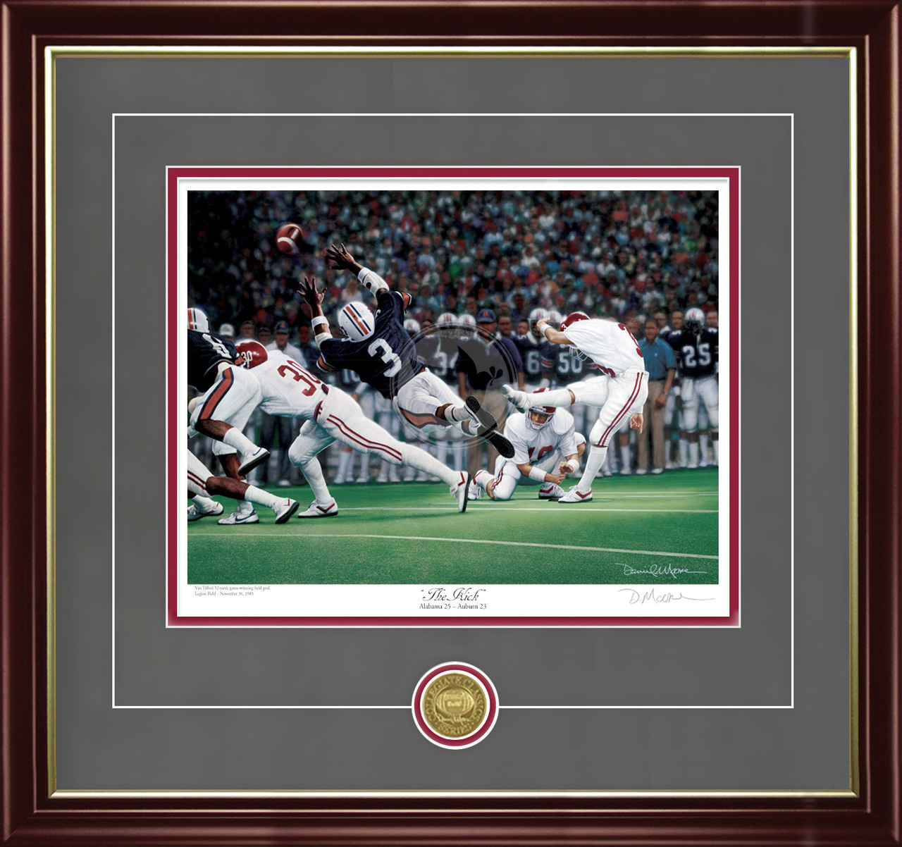 "The Kick"  Collegiate Classic print.  Mahogany/Gold Lip frame • Charcoal Suede/Crimson matting with optional v-groove.