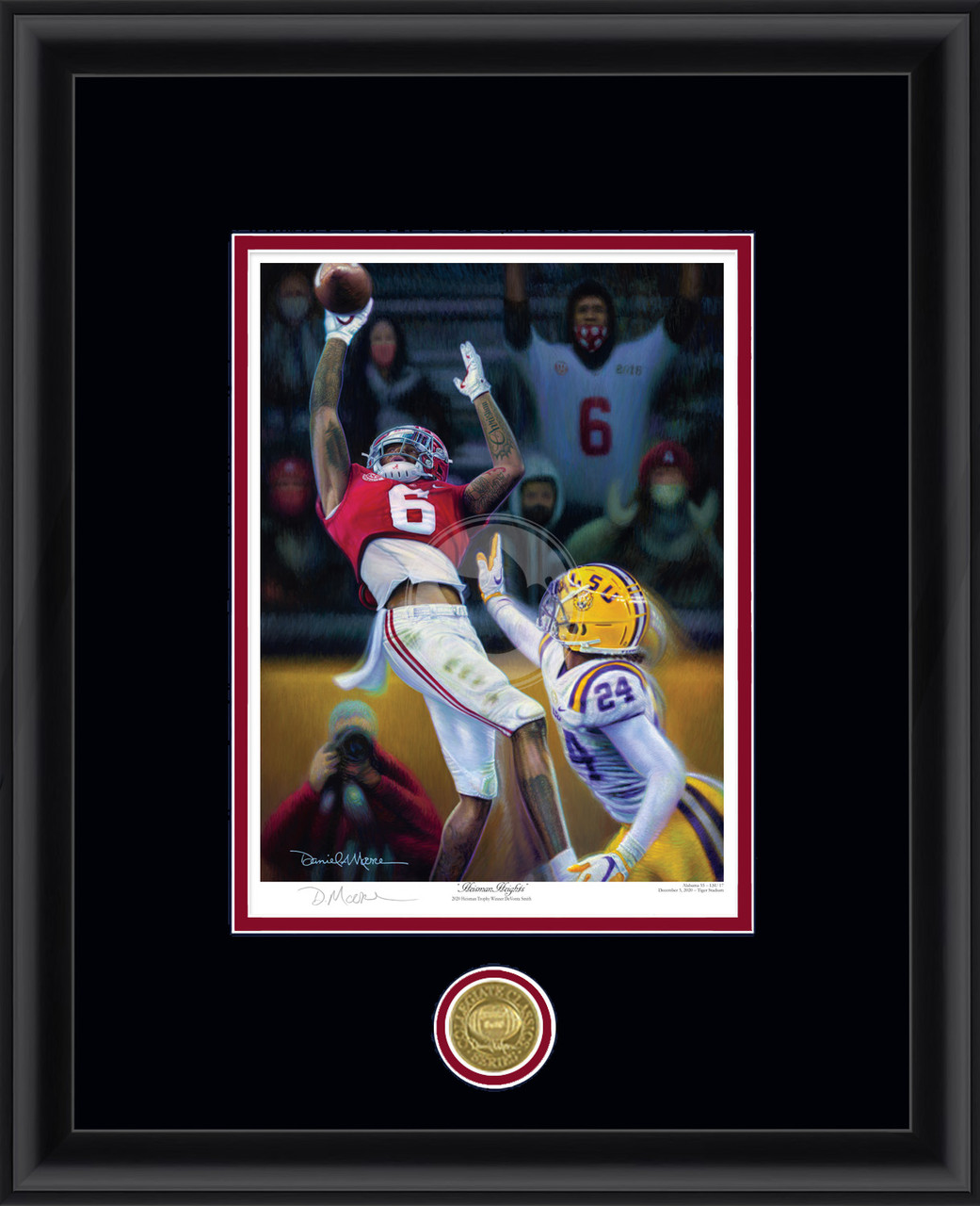 "Heisman Heights" - Collegiate Classic print.  Black frame • Black/Crimson matting.