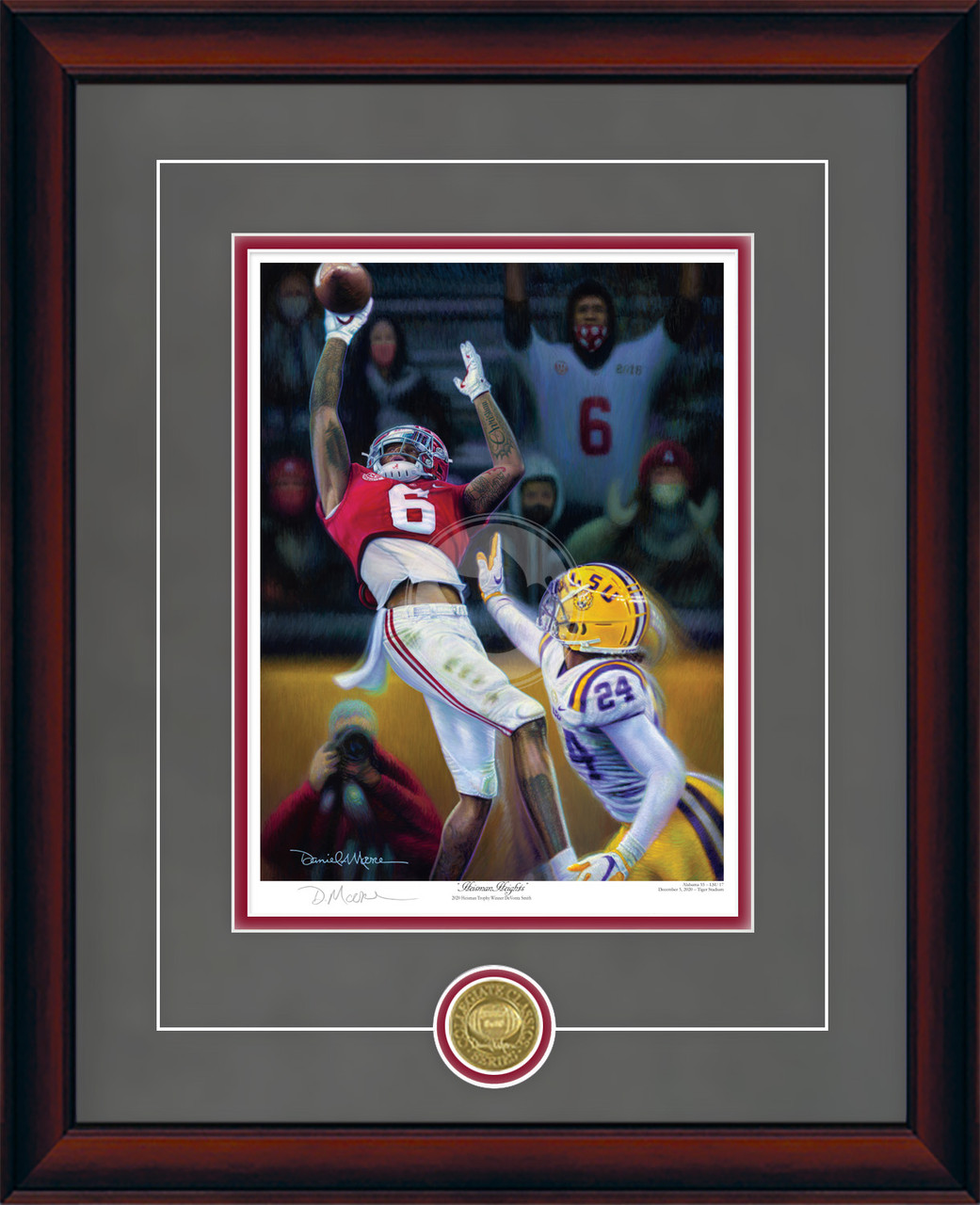 "Heisman Heights" - Collegiate Classic print. Mahogany frame • Charcoal Suede/Crimson matting with optional v-groove.