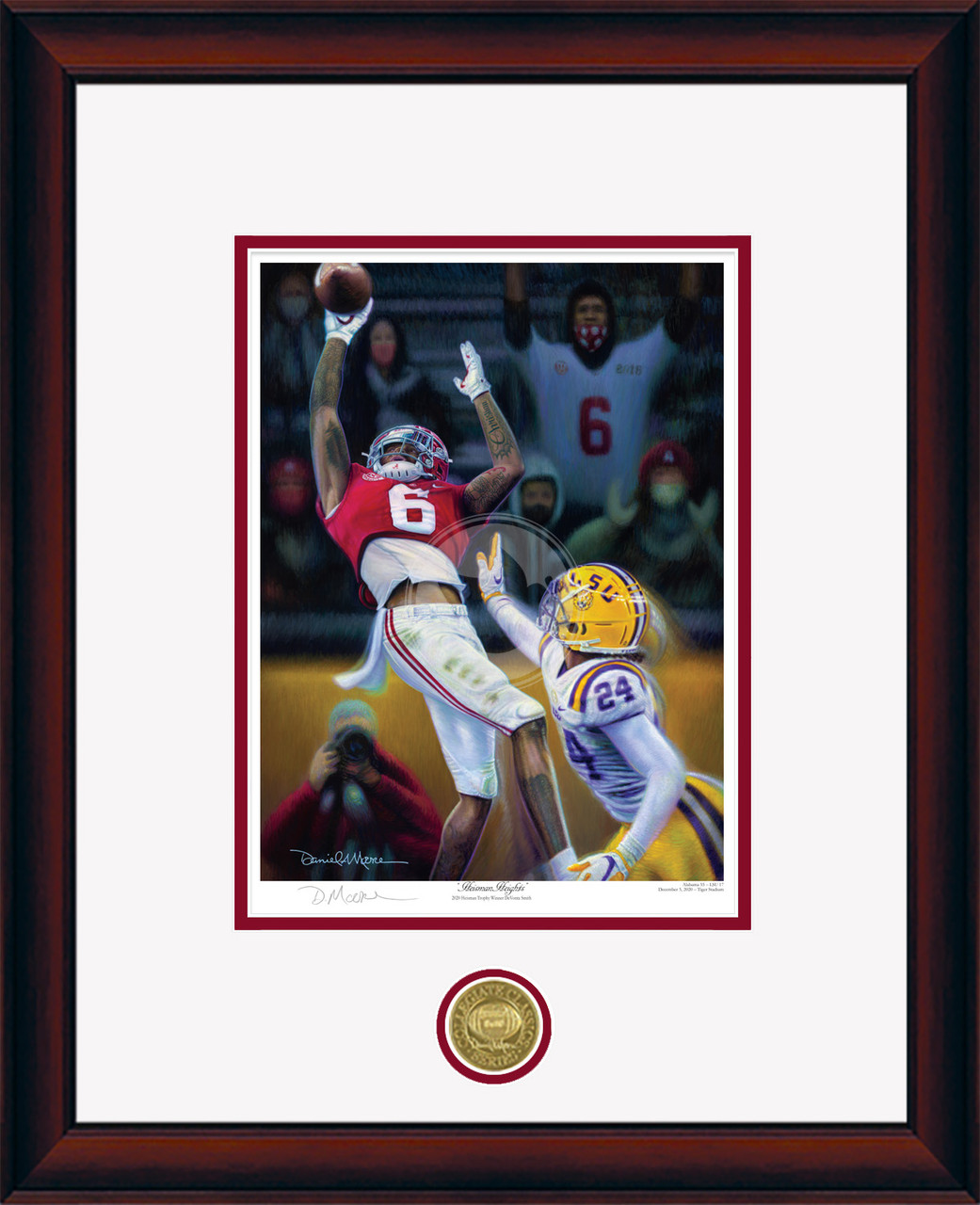 "Heisman Heights" - Collegiate Classic print.  Mahogany frame • White/Crimson matting.
