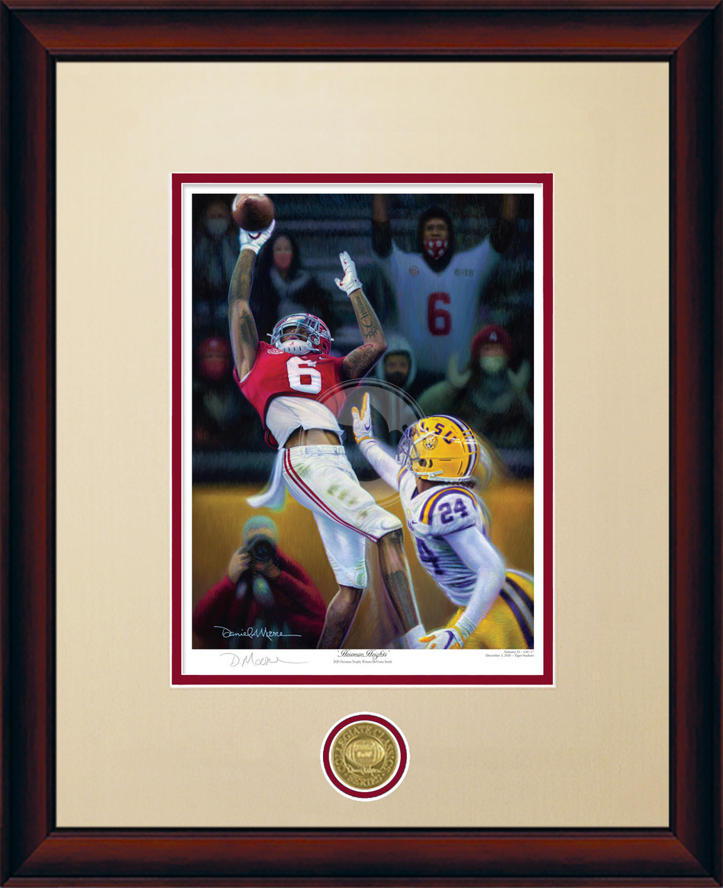 "Heisman Heights" - Collegiate Classic print.  Mahogany frame • Oyster/Crimson matting.