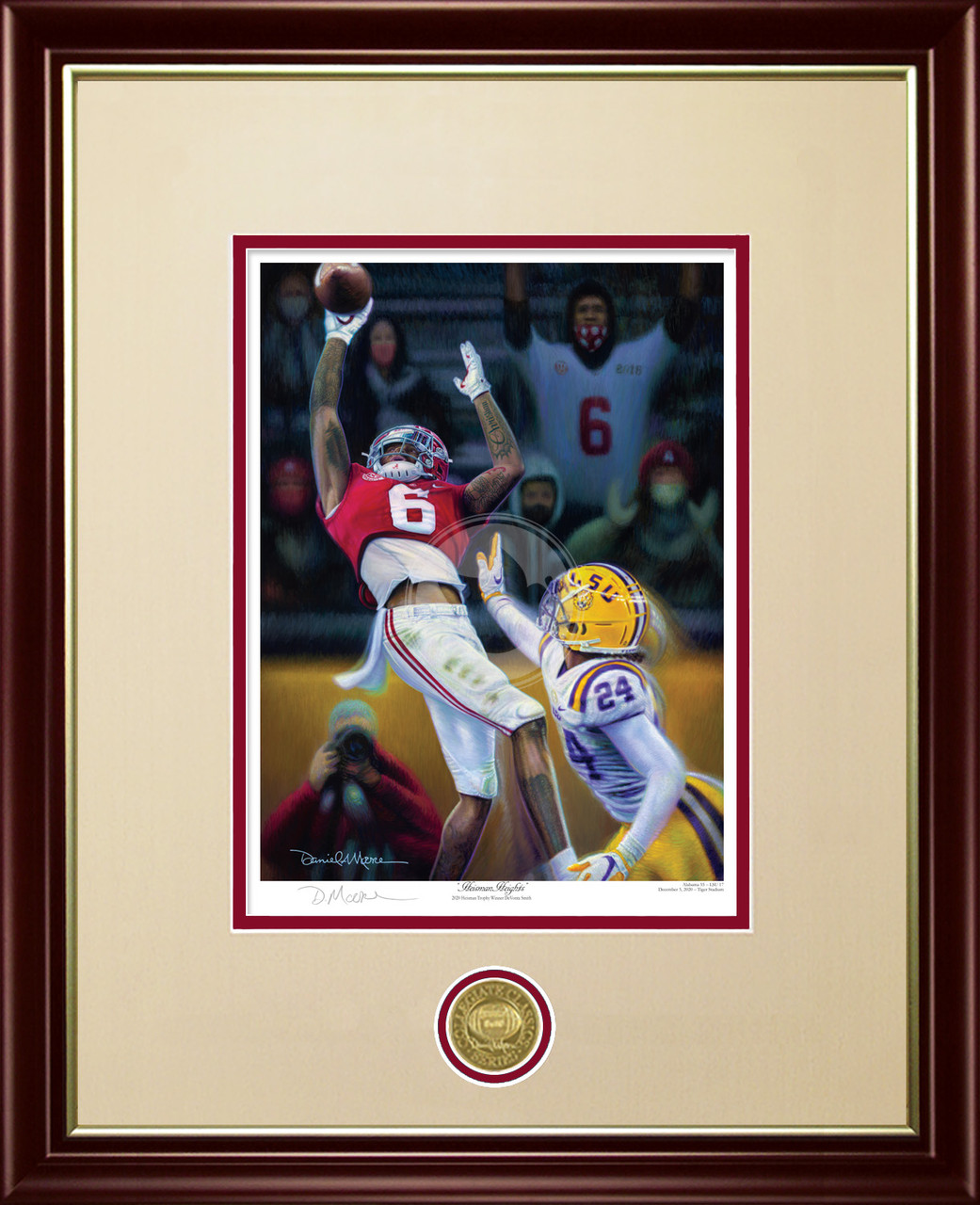 "Heisman Heights" - Collegiate Classic print.  Mahogany/Gold Lip frame • Oyster/Crimson matting.