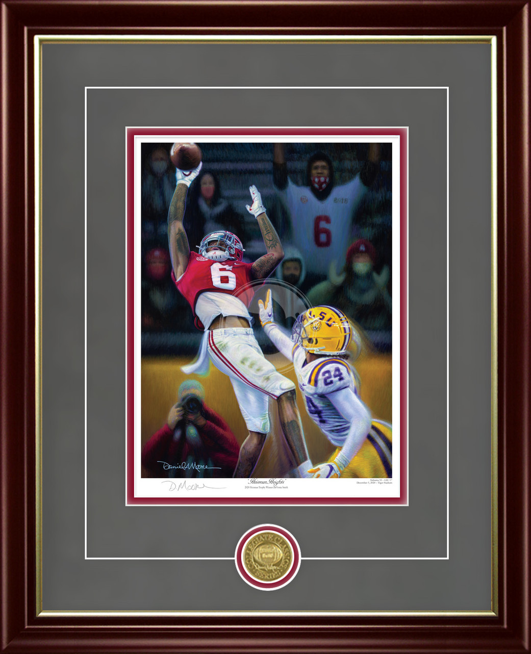"Heisman Heights" - Collegiate Classic print. Mahogany/Gold Lip frame • Charcoal Suede/Crimson matting with optional v-groove.
