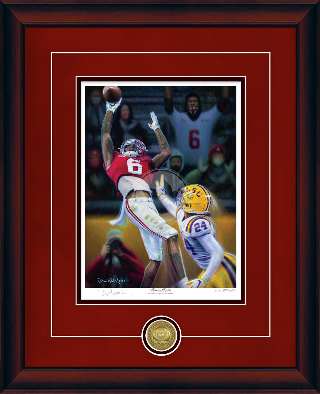 "Heisman Heights" - Collegiate Classic print.  Mahogany frame • Crimson Suede/Black matting with optional v-groove.