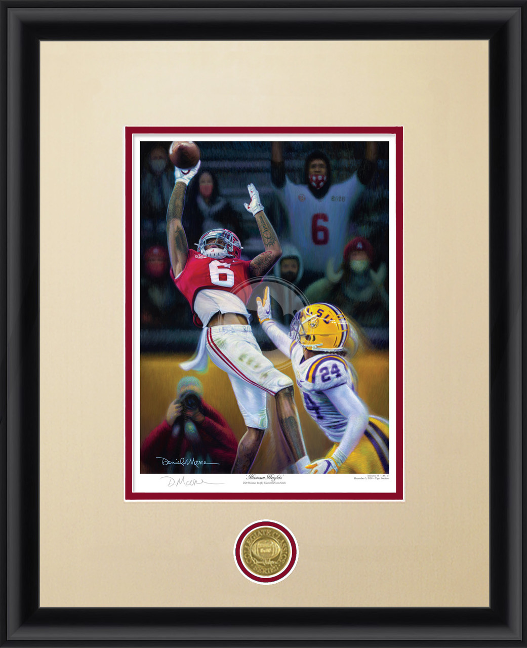 "Heisman Heights" - Collegiate Classic print.  Black frame • Oyster/Crimson matting.