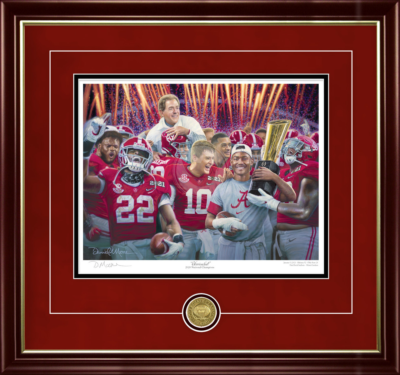 "Unrivaled!" - Collegiate Classic print.  Mahogany/Gold Lip frame • Crimson Suede/Black matting with optional v-groove.