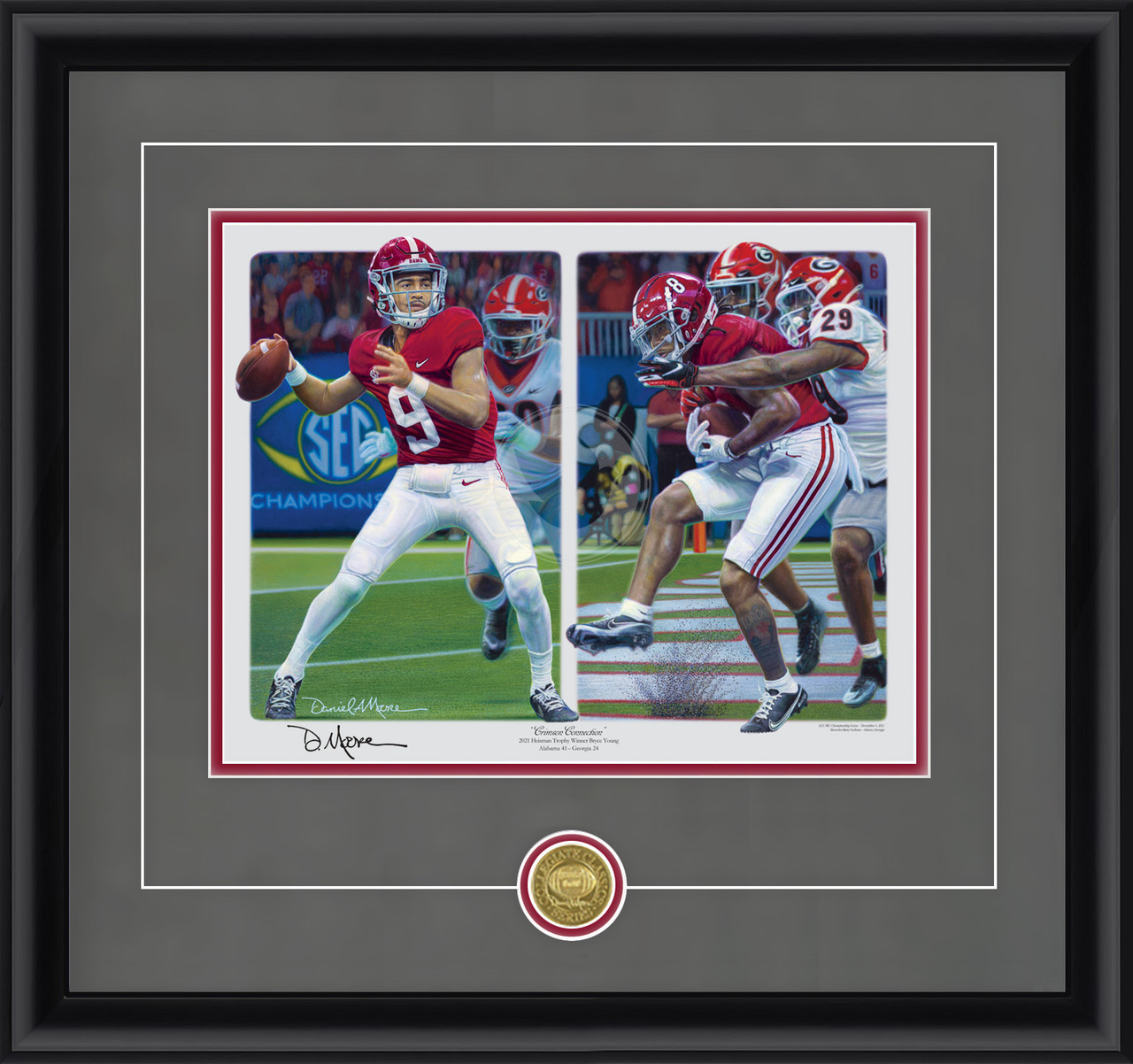 "Crimson Connection" - Collegiate Classic print.  Black frame • Charcoal Suede/Crimson matting with optional v-groove.