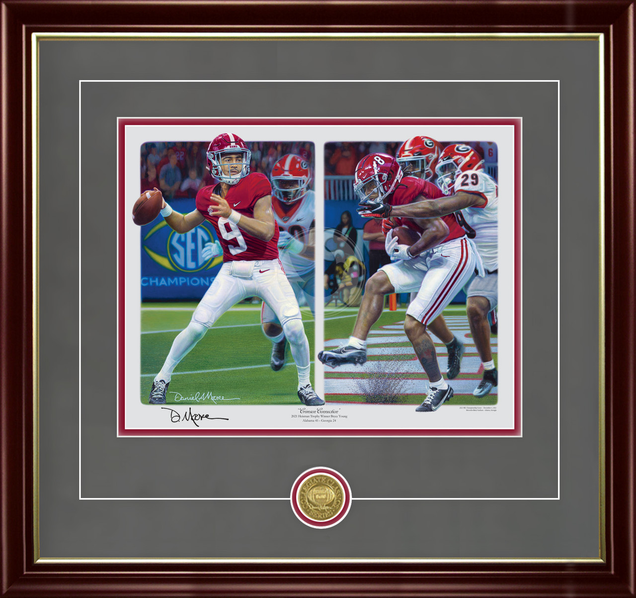 "Crimson Connection" - Collegiate Classic print.  Mahogany/Gold Lip frame • Charcoal Suede/Crimson matting with optional v-groove.