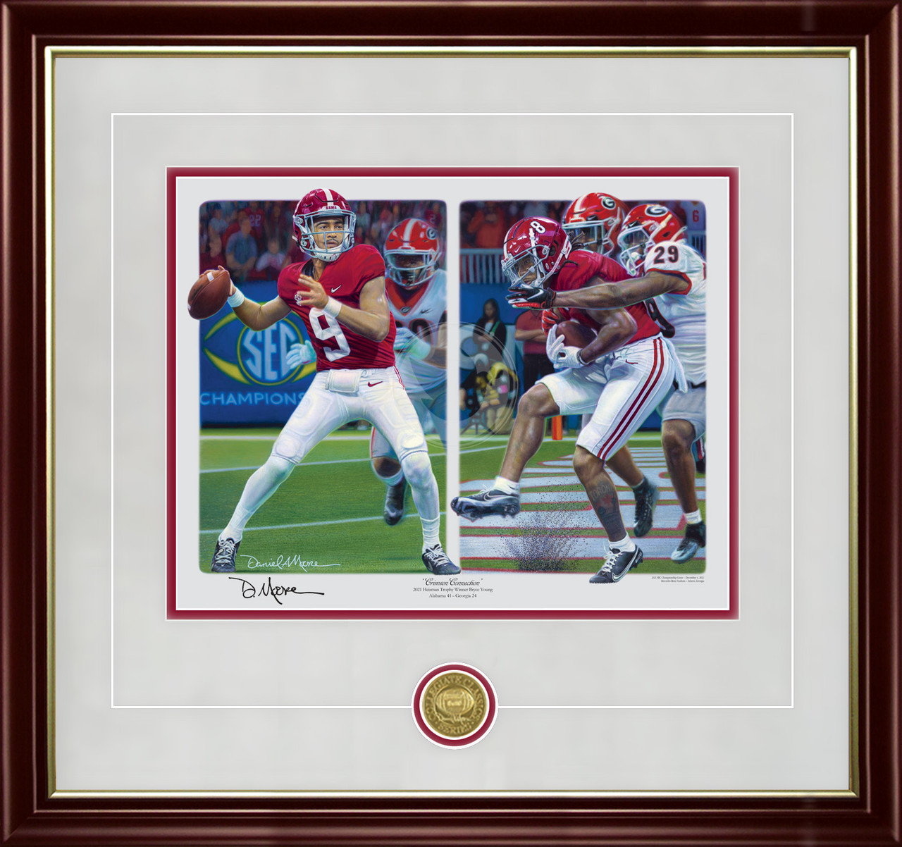 "Crimson Connection" - Collegiate Classic print.  Mahogany/Gold Lip frame • Storm Suede/Crimson matting with optional v-groove.