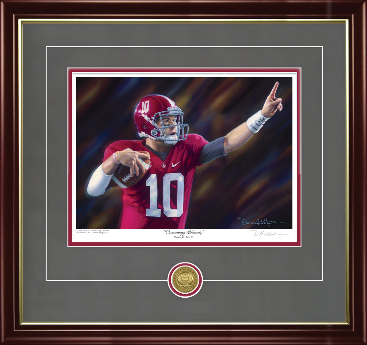 "Overcoming Adversity"  Collegiate Classic print.  Mahogany/Gold Lip frame • Charcoal Suede/Crimson matting with optional v-groove.