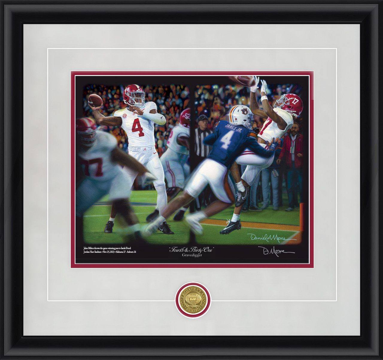 "Fourth & Thirty-One" - Collegiate Classic print.  Black frame • Storm Suede/Crimson matting with optional v-groove.