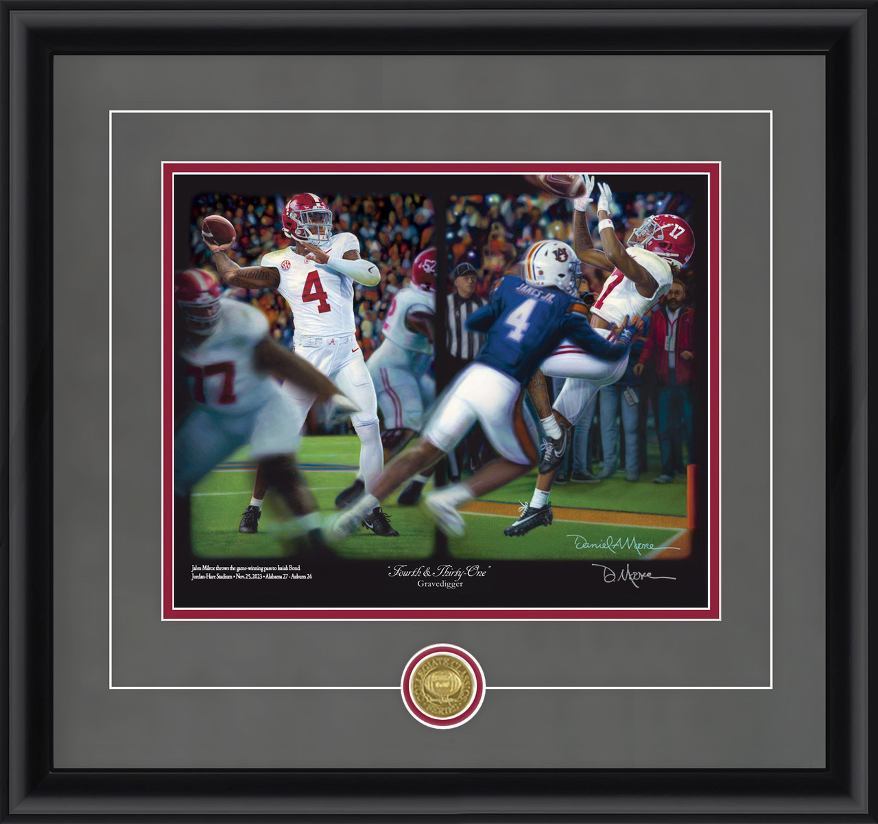 "Fourth & Thirty-One" - Collegiate Classic print.  Black frame • Charcoal Suede/Crimson matting with optional v-groove.