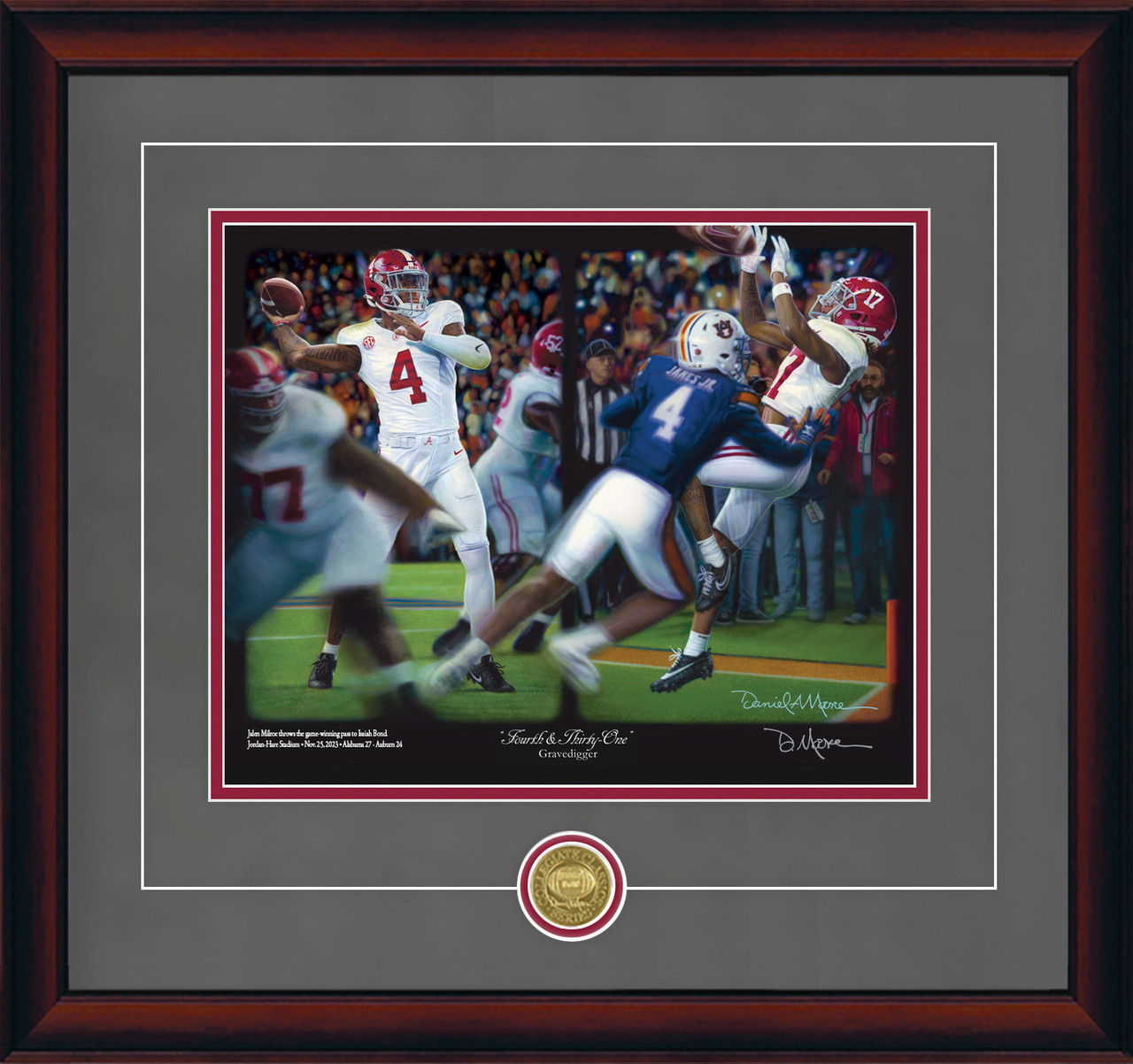 "Fourth & Thirty-One" - Collegiate Classic print.  Mahogany frame • Charcoal Suede/Crimson matting with optional v-groove.