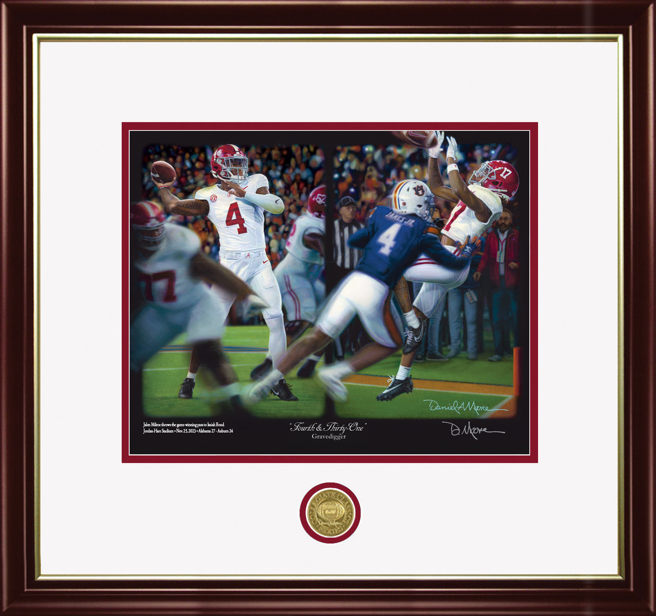 "Fourth & Thirty-One" - Collegiate Classic print. Mahogany/Gold Lip frame • White/Crimson matting.