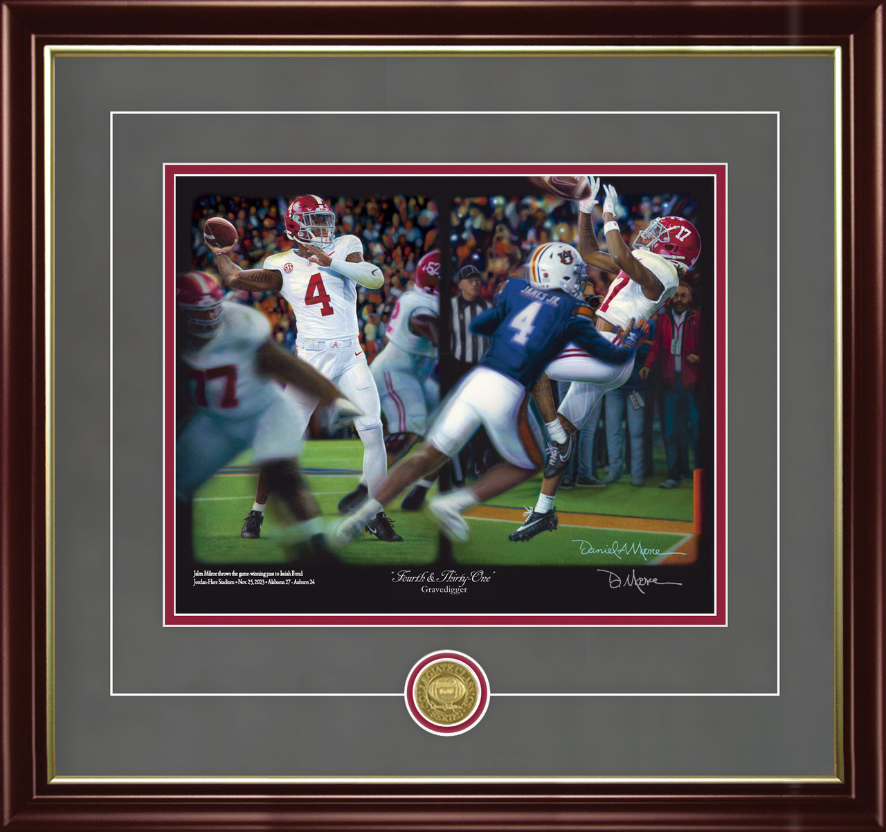 "Fourth & Thirty-One" - Collegiate Classic print.  Mahogany/Gold LIp frame • Charcoal Suede/Crimson matting with optional v-groove.