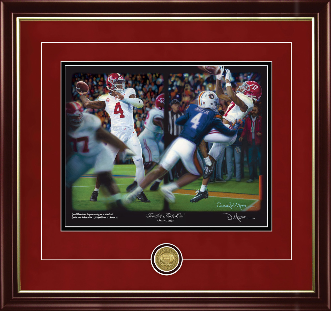 "Fourth & Thirty-One" - Collegiate Classic print.  Mahogany/Gold Lip frame • Crimson Suede/Black matting with optional v-groove.