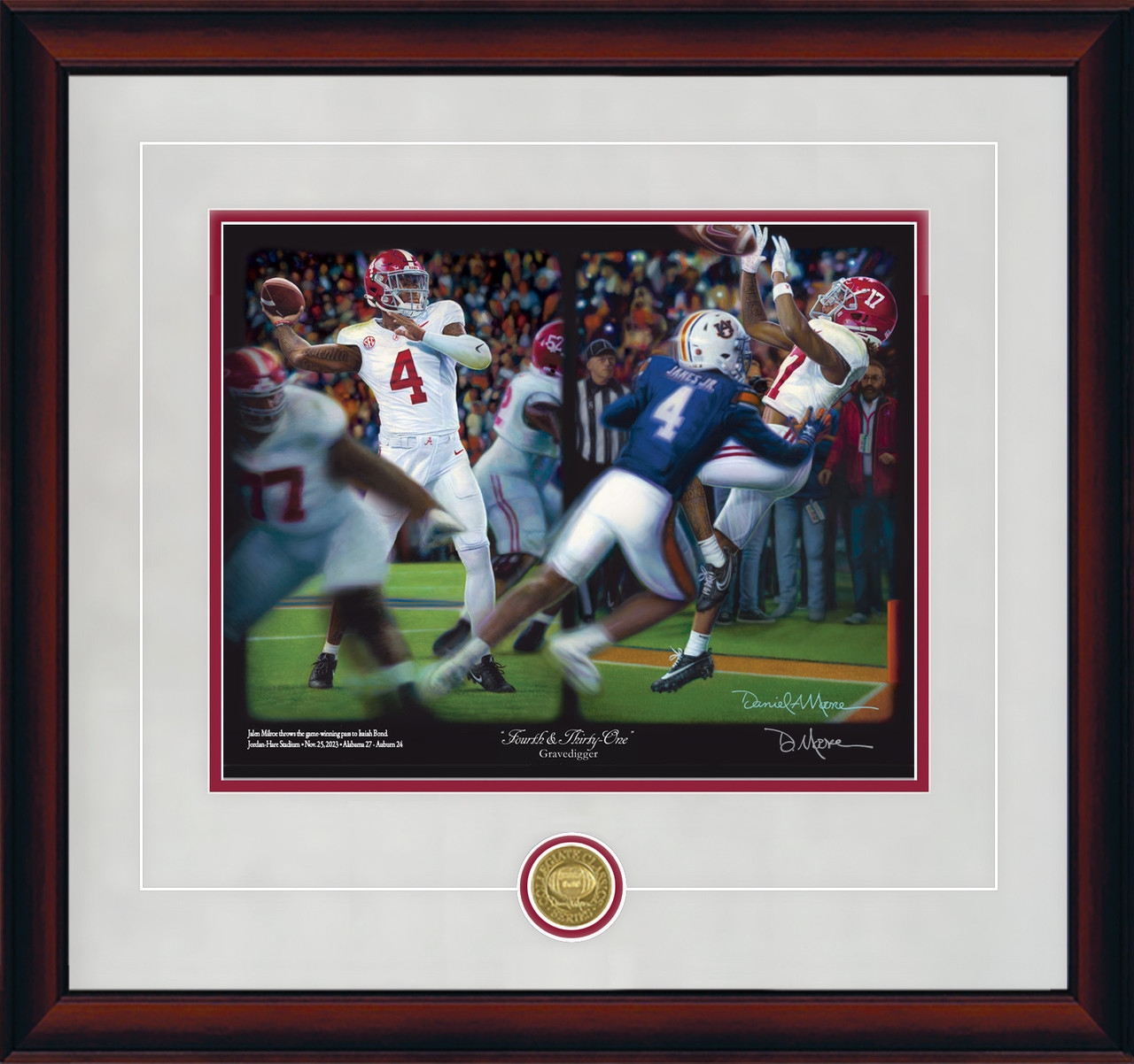 "Fourth & Thirty-One" - Collegiate Classic print.  Mahogany frame • Storm Suede/Crimson matting with optional v-groove.