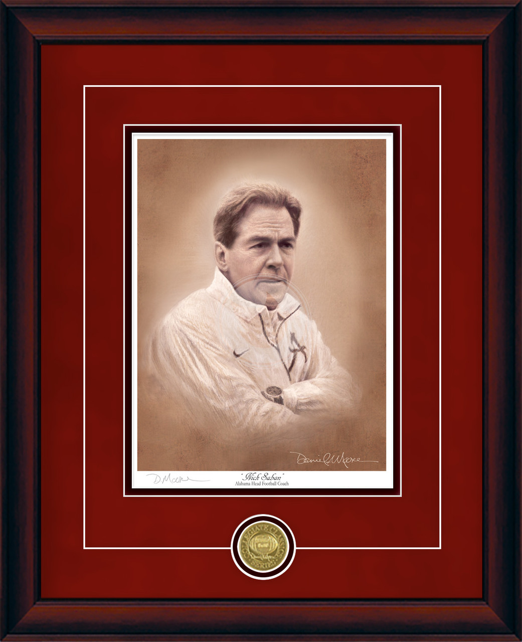 Coach Nick Saban - Collegiate Classic print.  Mahogany frame • Crimson Suede/Black matting with optional v-groove.