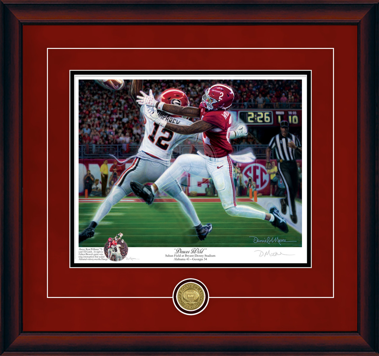 "Deuces Wild" - Collegiate Classic print.  Mahogany frame • Crimson Suede/Black matting with optional v-groove.