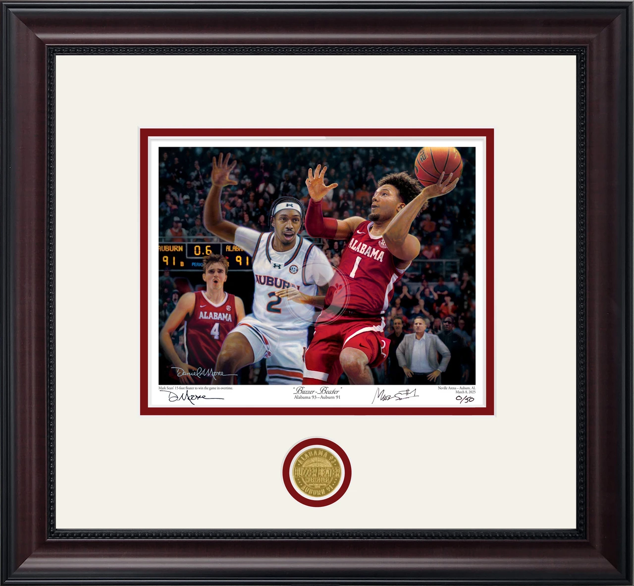 "Buzzer-Beater" by Daniel A. Moore - Collegiate Classic print. Mahogany/Black Bead frame • White/Crimson matting .