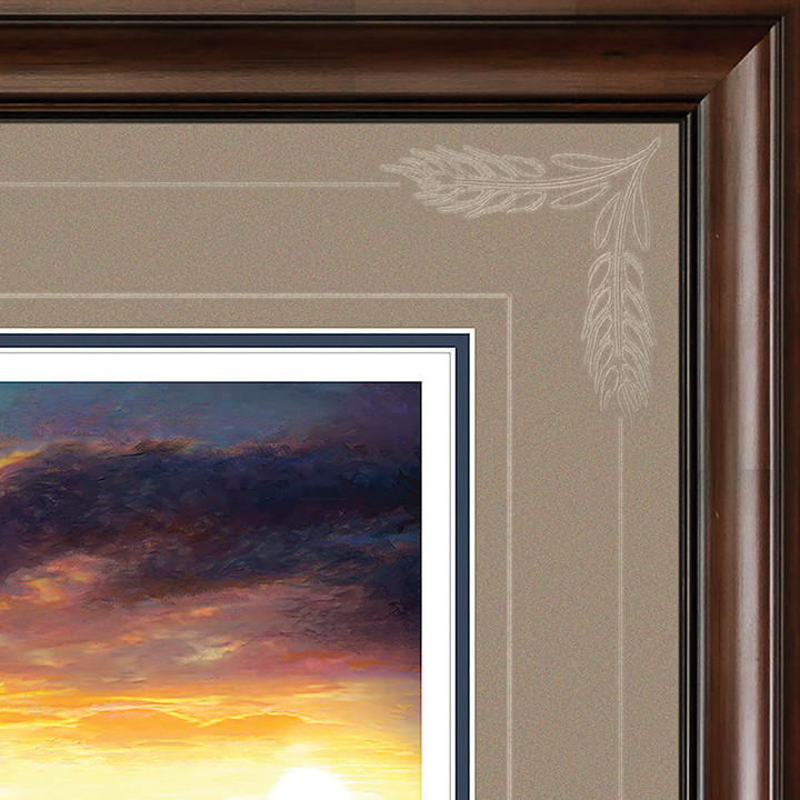 Detail of decorative mat debossing shown with the Walnut Frame and Tudor over blue matting.