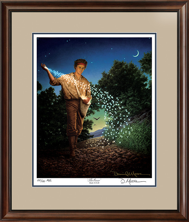 The Sower • Museum Edition Print shown with the Walnut Frame and Putty over Blue matting.