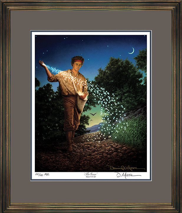 The Sower • Museum Edition Print shown with the Aged Gold Frame and Dusk over Blue matting.
