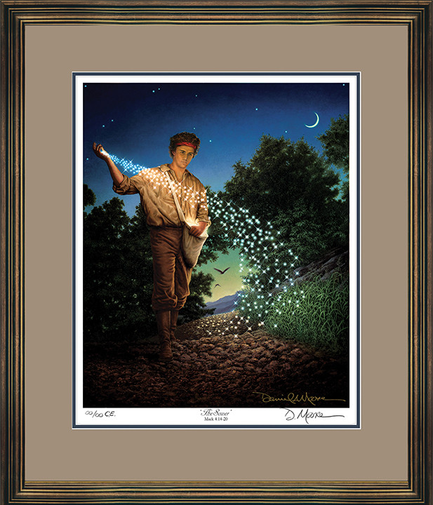 The Sower • Collector's Edition Print shown with the Aged Gold Frame and Tudor over Blue matting.